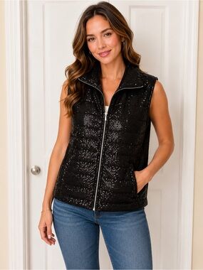 Chico's Black Sequin Quilted Puffer Zip Vest Glam Sparkle Party XL